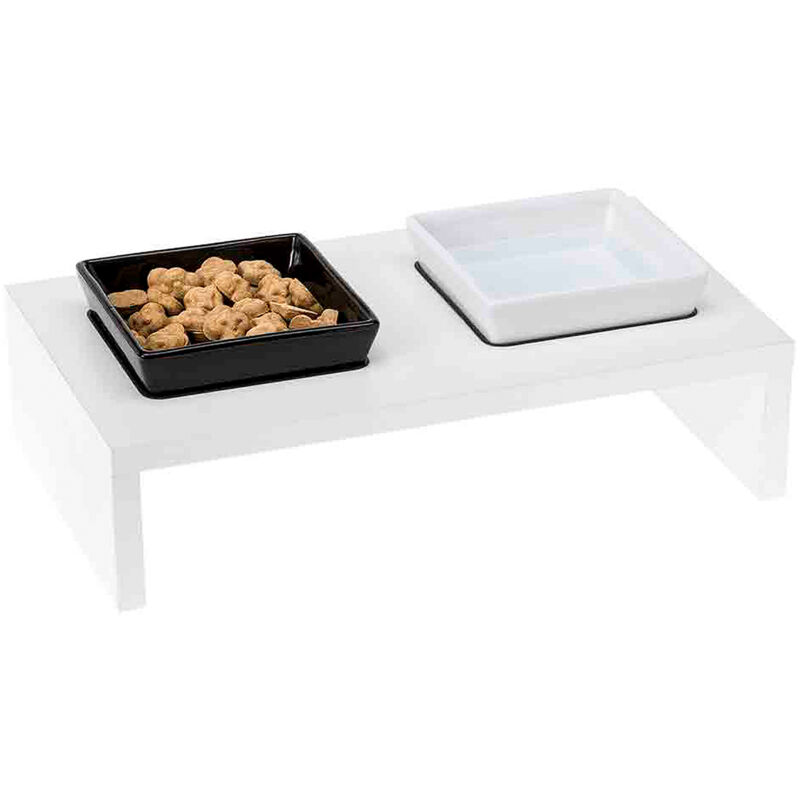 foto del prodotto ferplast maki portaciotole in legno con ciotole in ceramica. variante 01 misure 40 x 21 x h 13 cm 1 l bianco