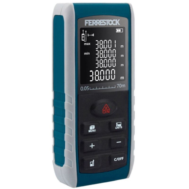 foto del prodotto ferrestock - fskldm070 misuratore laser di distanza fino a 70 metri, display lcd, 2 punti di riferimento, 7 modalità di misurazione, livello digitale