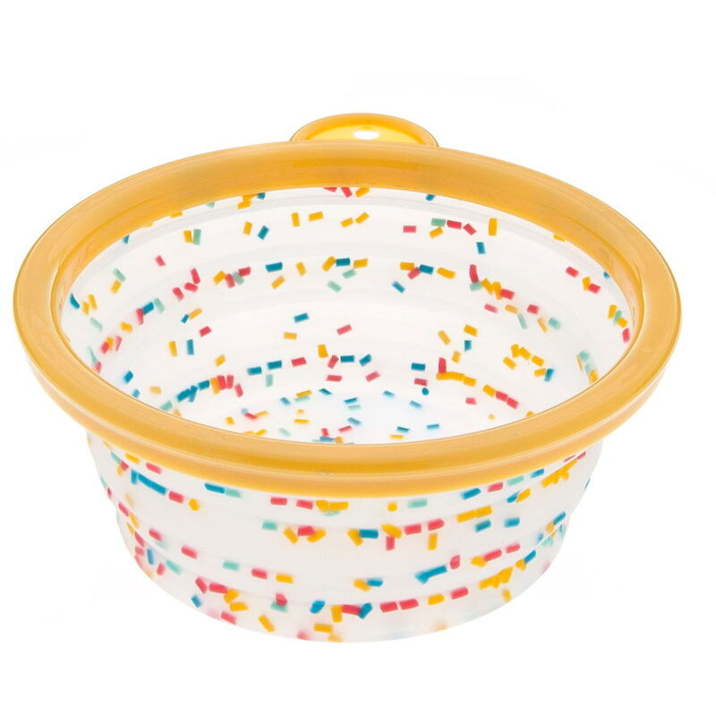foto del prodotto ferribiella ciotola pieghevole in silicone trasparente e bordo in plastica modello confetti per cani e gatti 13x5,8 cm