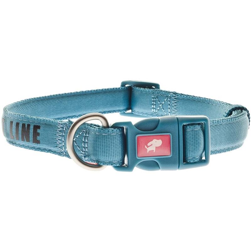 foto del prodotto ferribiella collare regolabile in nylon ultra resistente con imbottitura soffice e scritta riflettente linea comfort per cani 1,5 x 21 29 cm