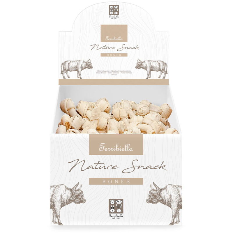 foto del prodotto ferribiella scatola da 200 ossa nodo bianco per cani da 6 cm x 9 g ciascuno nature snack