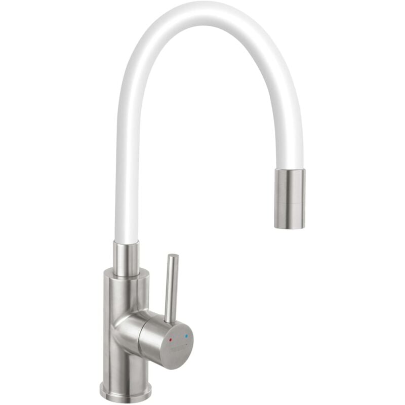 foto del prodotto ferro miscelatore per lavello, con braccio di erogazione flessibile, bianco acciaio inox 70710,4b novaservis