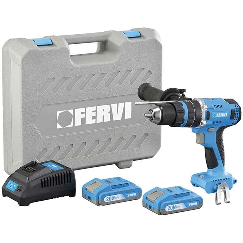 foto del prodotto fervi fb20id3ab 22b trapano avvitatore con percussione 20v 13mm con 2 batterie 2ah
