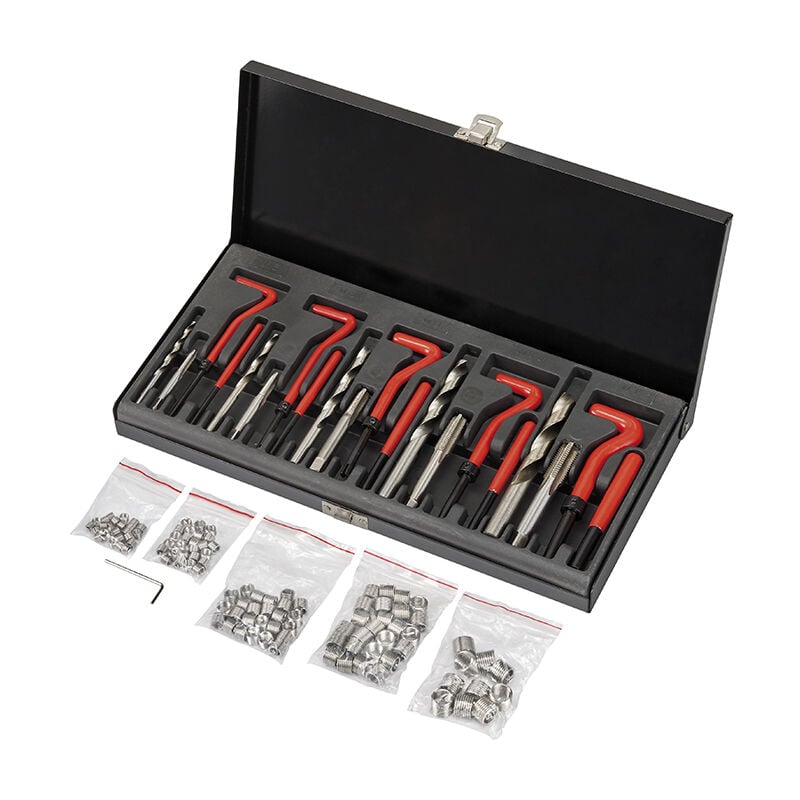 foto del prodotto fervi kit assortimeno riparazione filetti m5 m12 inox valigetta 130 pz e010e