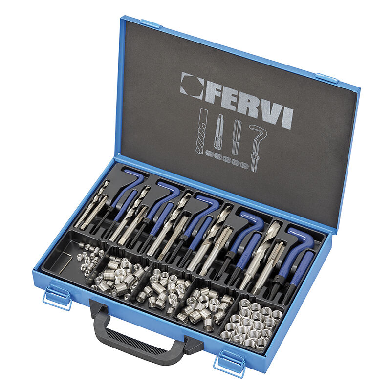 foto del prodotto fervi kit assortimeno riparazione filetti m6 m14 inox valigetta 125 pz e010b