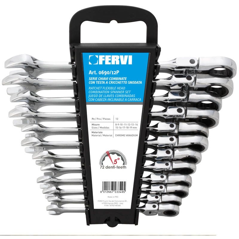 foto del prodotto fervi serie 12 chiavi combinate con testa a cricchetto snodata 0690 12p