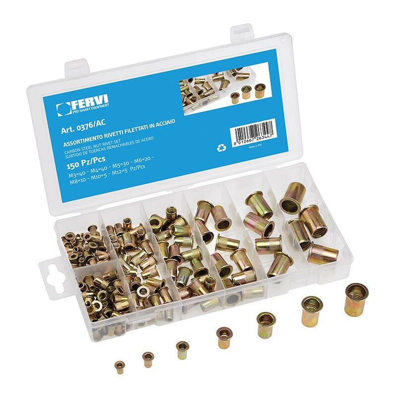 foto del prodotto fervi serie 150 rivetti inserti filettati in acciaio m3 m12 0376 ac