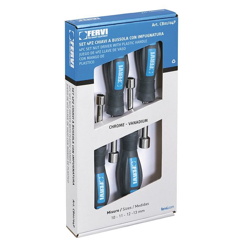 foto del prodotto fervi - serie 4 chiavi cacciavite a bussola 10 - 13 mm con impugnatura cb01 04p