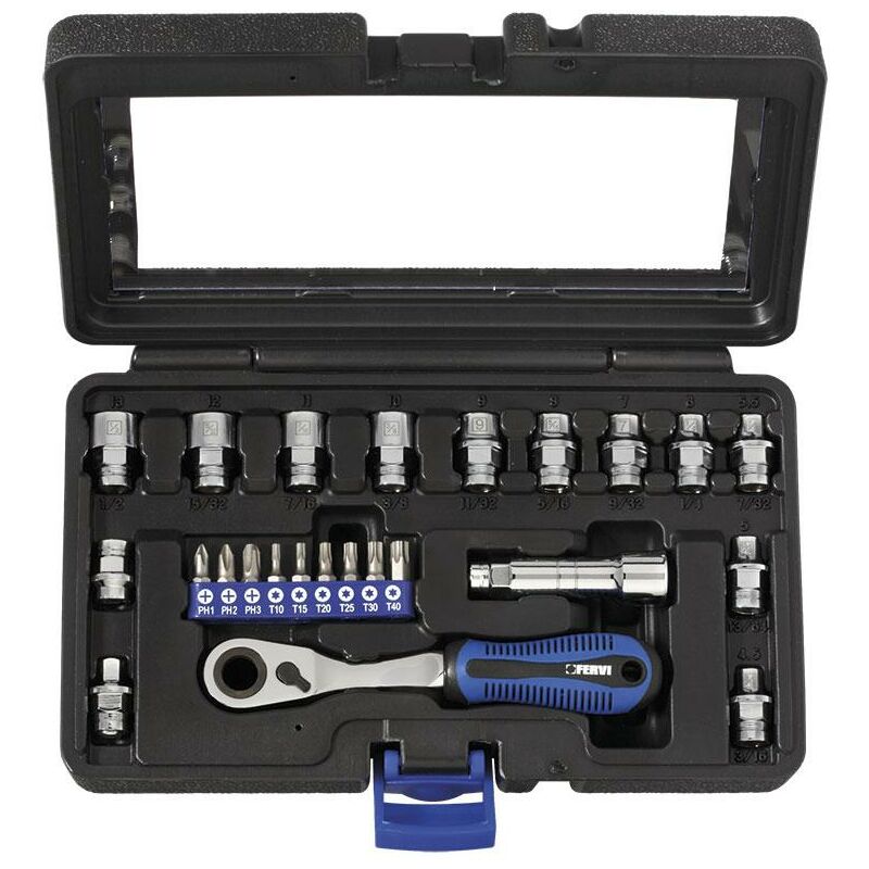 foto del prodotto fervi serie bussole con cricchetto 1 4 4.5 13 mm multiprofilo ribassate 0589