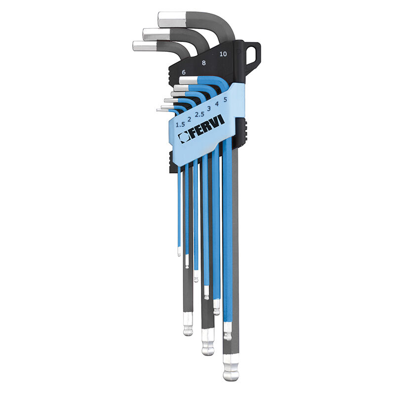 foto del prodotto fervi set 9 pz chiavi esagonali lunghe con testa sferica 1.5 10 mm 0545 ef