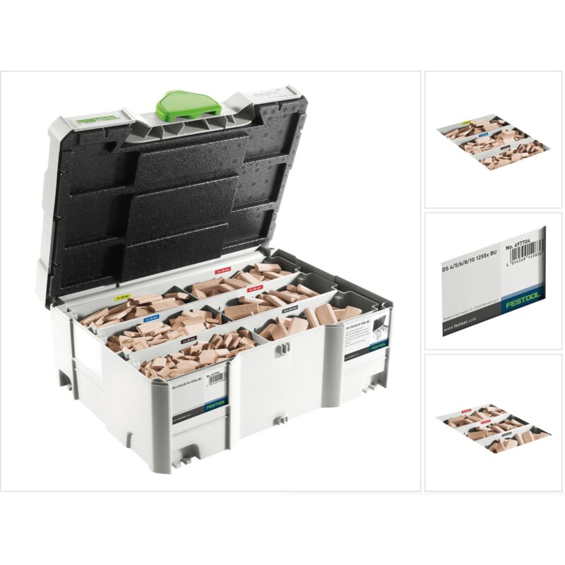foto del prodotto festool assortimento domino in faggio ds 4 5 6 8 10 1060x bu 498899 con frese domino e tasselli domino in systainer