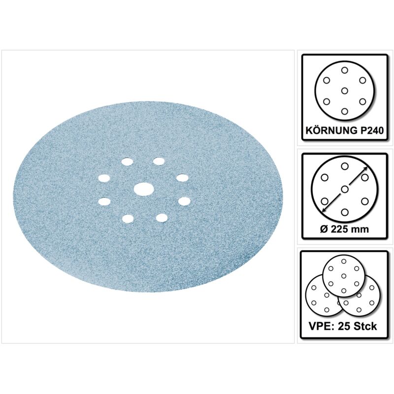 foto del prodotto festool stf d225 8 disco abrasivo 225 mm p240 gr 25 granat 25 pz. 499642 per planex 225 eq, planex lhs e 225 easy