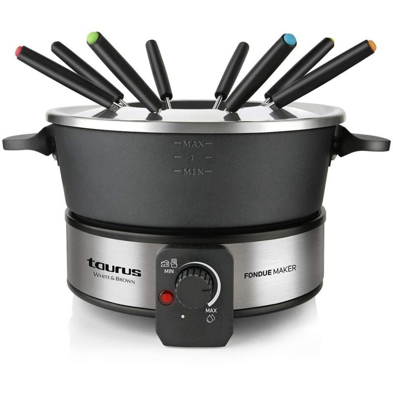 foto del prodotto ff2 fonduta per 8 persone, 100w, capacit 2l, pentola antiaderente e senza pfoa, termostato 45 200 c, acciaio inossidabile e nero taurus