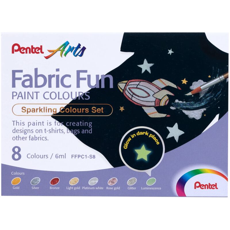 foto del prodotto ffpc1 fabric fun paint colours, colori per tessuto in tubo, set colori sparkling 8 pz pentel