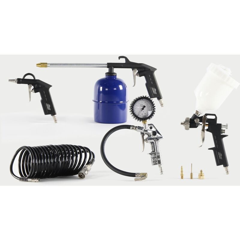 foto del prodotto fiac kit accessori per compressore 8 pezzi, inclusi gonfiagomme professionale omologato cee con manometro, pistola di soffiaggio, aerografo,