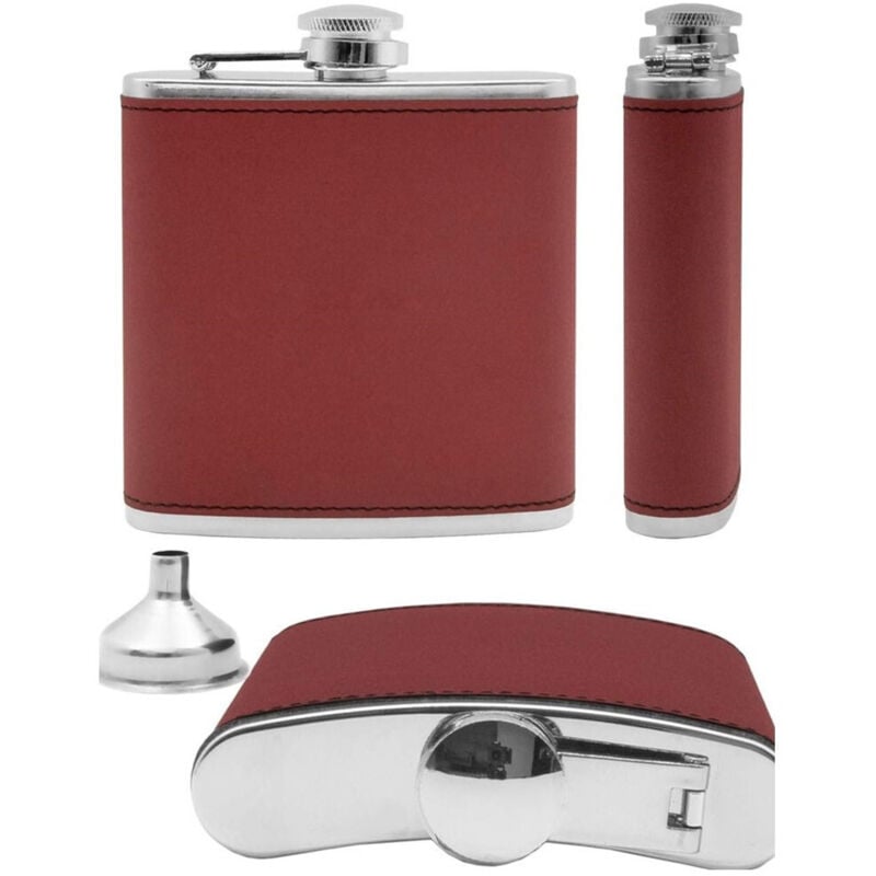 foto del prodotto fiaschetta in acciaio inox design in pelle con imbuto idea regalo 175 ml rosso - - trade shop traesio