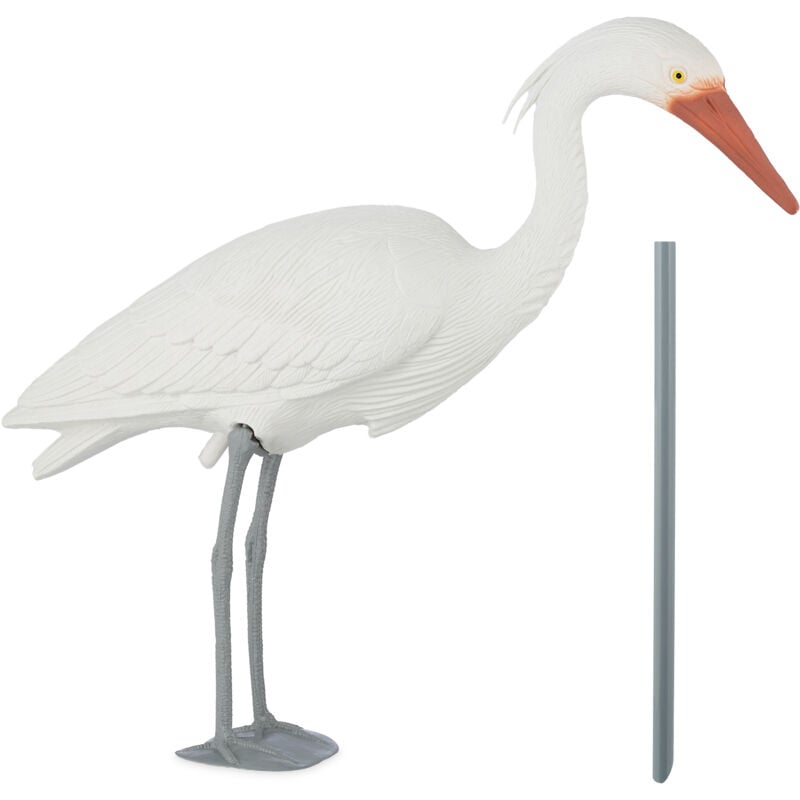 foto del prodotto figura decorativa a forma di airone, spaventa passeri e piccioni, con asta, per laghetto in giardino, bianco relaxdays