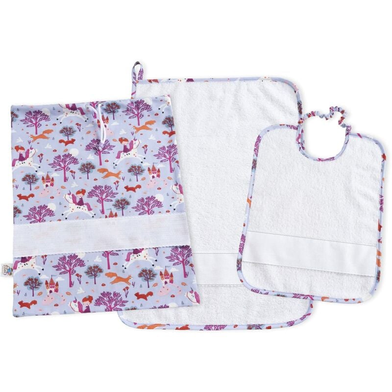 foto del prodotto filet set asilo 3 pezzi fantasia fiabesca con tela aida da ricamare, composto da sacchetto, asciugamano e bavaglino in spugna bianca, 100 cotone,