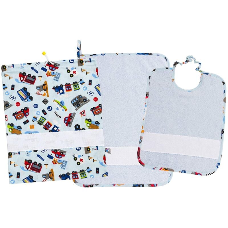 foto del prodotto filet set asilo 3 pezzi sacchetto, bavaglino e asciugamano in coordinato cotone e spugna di alta qualit inserto in tela aida da ricamare stampa