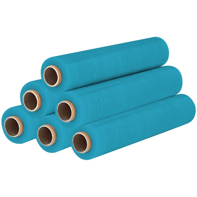 foto del prodotto film estensibile azzurro manuale pellicola 6 rotoli 2.2kg 500mm 30 my micron bobina fascia pallet sti