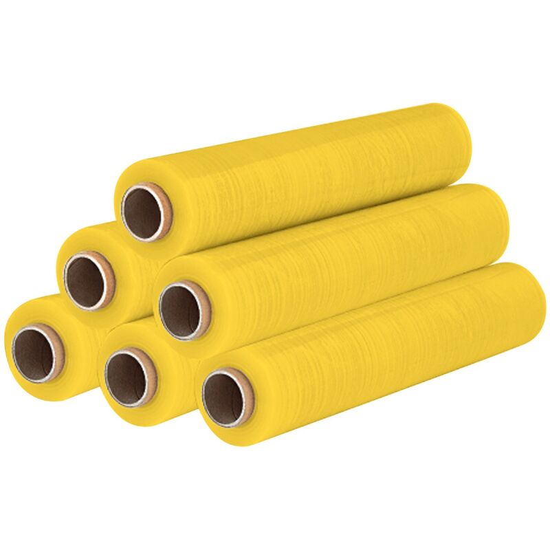 foto del prodotto film estensibile giallo manuale pellicola 6 rotoli 2.2kg 500mm 30 my micron bobina fascia pallet sti