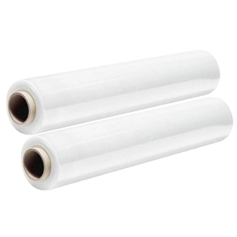 foto del prodotto film estensibile set 2 bobine trasparente per imballaggi 2,2 kg 50cm pellicola manuale 23 micron rotolo imballi pedane cartoni spedizioni trasloco