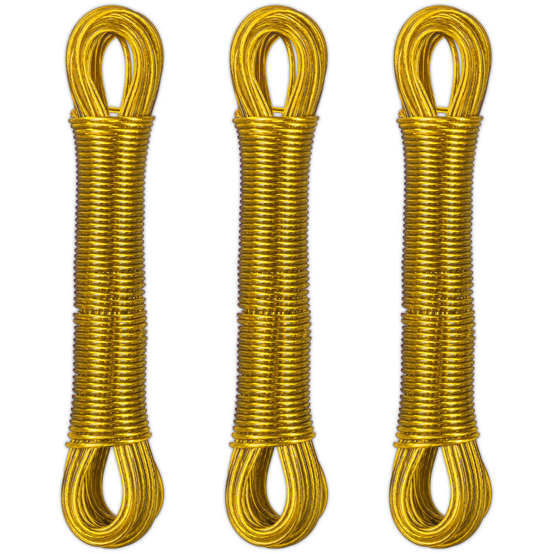 foto del prodotto filo stendibiancheria per esterno e interno, set 3, 20 m, cavo stendi panni biancheria, acciaio e pvc, giallo relaxdays