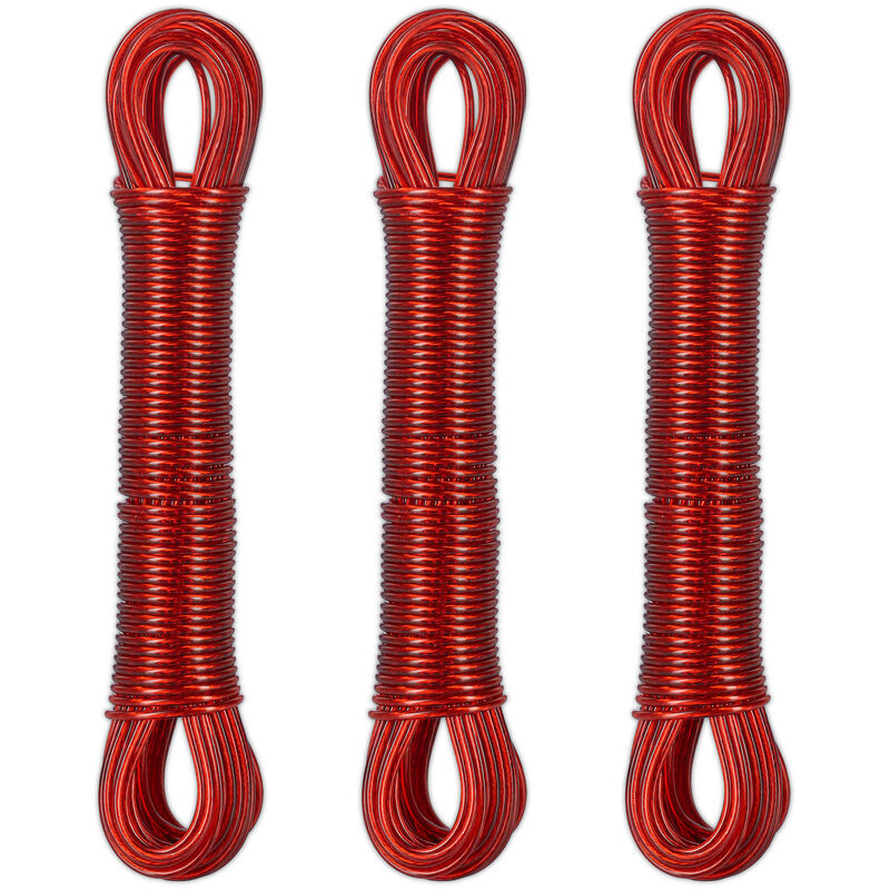 foto del prodotto filo stendibiancheria per esterno e interno, set 3, 20 m, cavo stendi panni biancheria, acciaio e pvc, rosso relaxdays