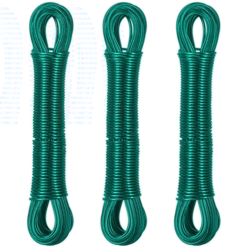foto del prodotto filo stendibiancheria per esterno e interno, set 3, 20 m, cavo stendi panni biancheria, acciaio e pvc, verde relaxdays