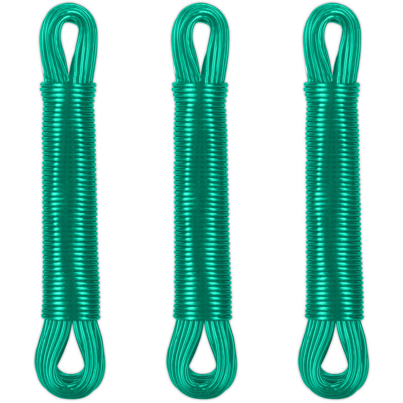foto del prodotto filo stendibiancheria per esterno e interno, set 3, 20 m, cavo stendipanni biancheria, in acciaio e pvc, verde relaxdays