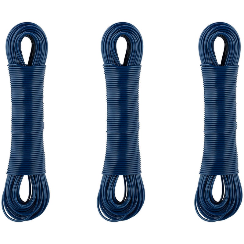 foto del prodotto filo stendibiancheria per esterno e interno, set da 3 cavi 50 m, stendi panni e biancheria, acciaio e pvc, blu relaxdays