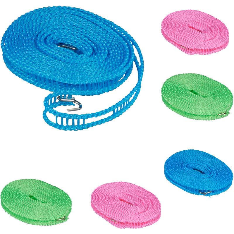 foto del prodotto filo stendibiancheria, set da 6 cavi, 5 m, con ganci, antiscivolo, per viaggio e campeggio, blu rosa verde relaxdays