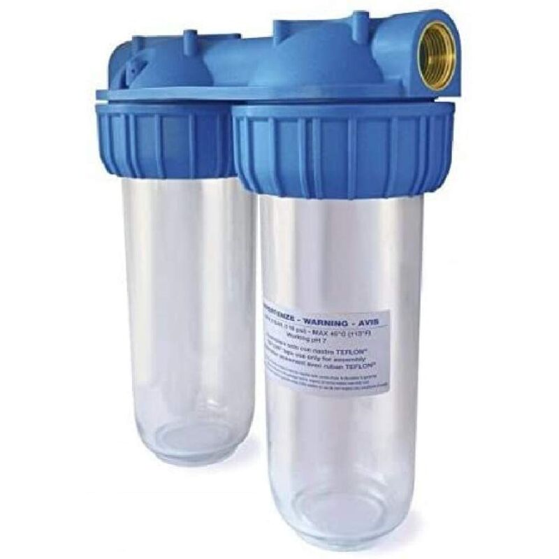 foto del prodotto filtro acqua doppio da 10' include porta filtro a doppio bicchiere, supporto porta filtro a parete e chiave porta filtro facile da installare e