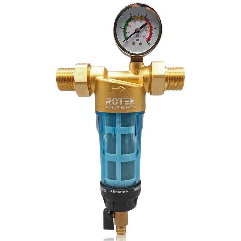 foto del prodotto filtro acqua in ottone con rete autopulente in acciaio inossidabile con manometro
