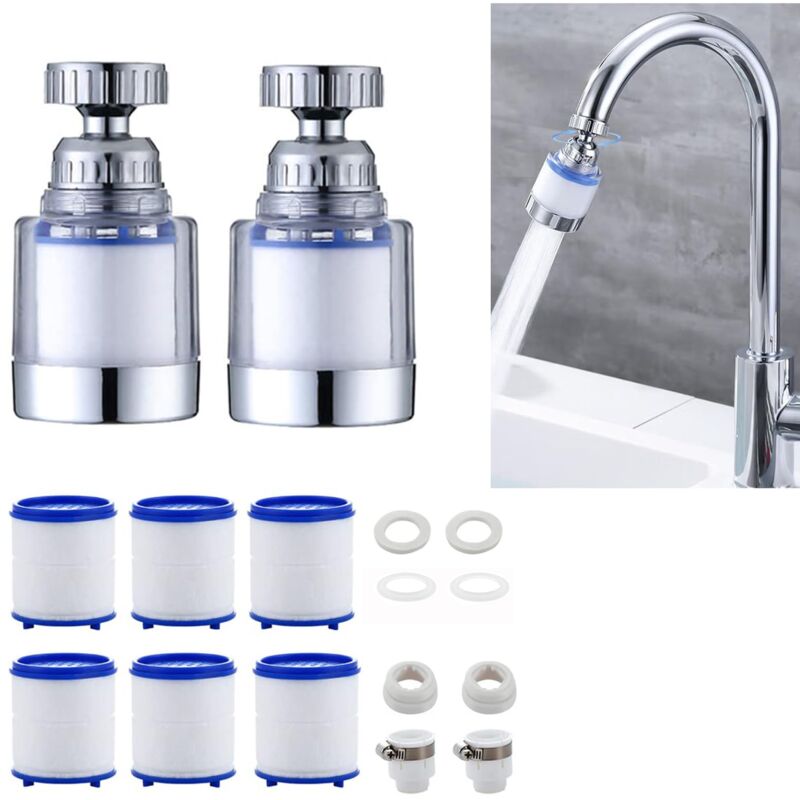 foto del prodotto filtro acqua rubinetto 2 pezzi, filtro rubinetto anticalcare, con elemento filtrante in cotone pp 6 pezzi e adattatore universale per lavello,