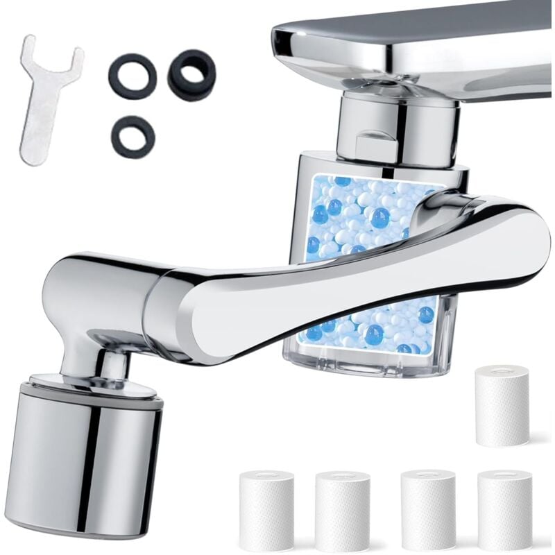 foto del prodotto filtro anticalcare per rubinetto girevole a 1080 , filtro per rubinetto trasparente con 5 elementi filtranti in cotone pp, filtro anticalcare per