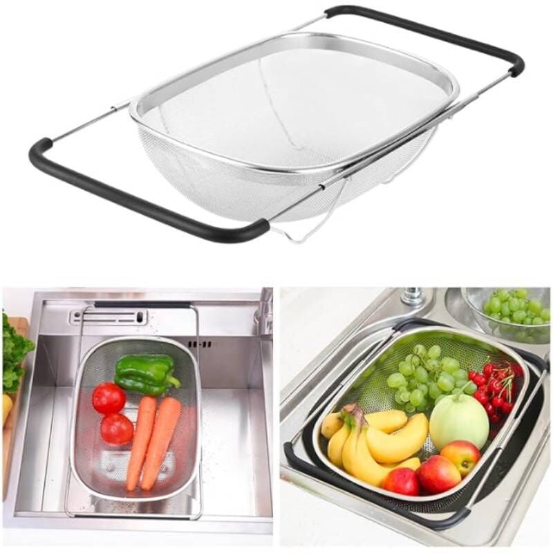foto del prodotto filtro di scarico in acciaio inox per il risciacquo e lo scolo sopra il lavello. dotato di cestello filtrante fine e manico in gomma. colino ovale