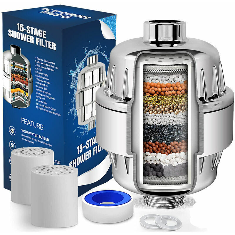 foto del prodotto filtro doccia anticalcare a 15 stadi con vitamina c filtro doccia ad alto flusso per eliminare cloro e fluoro 2 cartucce incluse filtro doccia