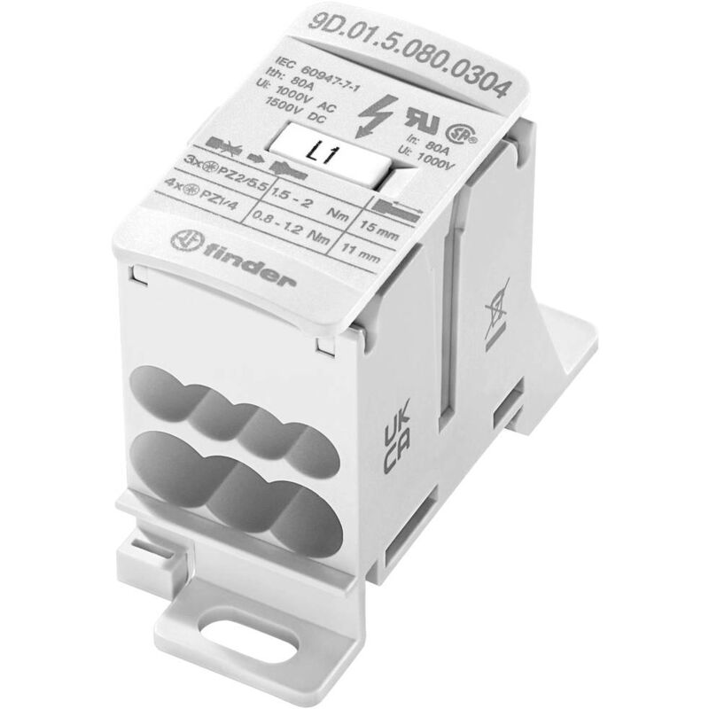 foto del prodotto finder 9d.01.5.080.0304 distributore bianco 7 poli 6 mm 80 a 1000 v ac, 1500 v dc tipo di conduttore l, n, pe