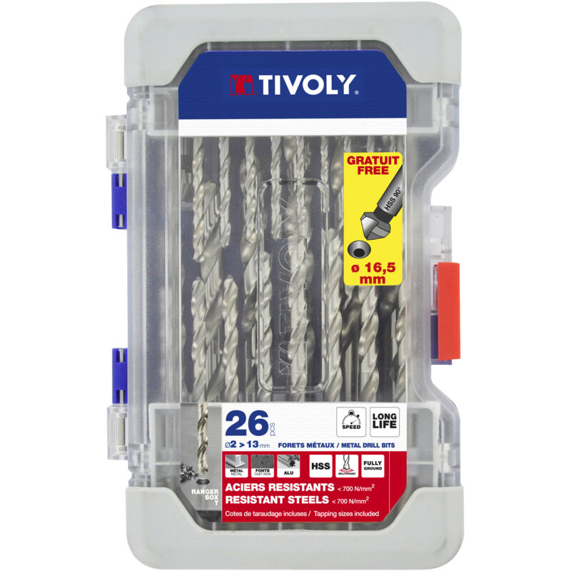 foto del prodotto finish tivoly ranger box set da 26 pezzi 25 punte per metallo hss, tagliate e rettificate, punta a croce da 2 a 13 mm 1 svasatore hss 