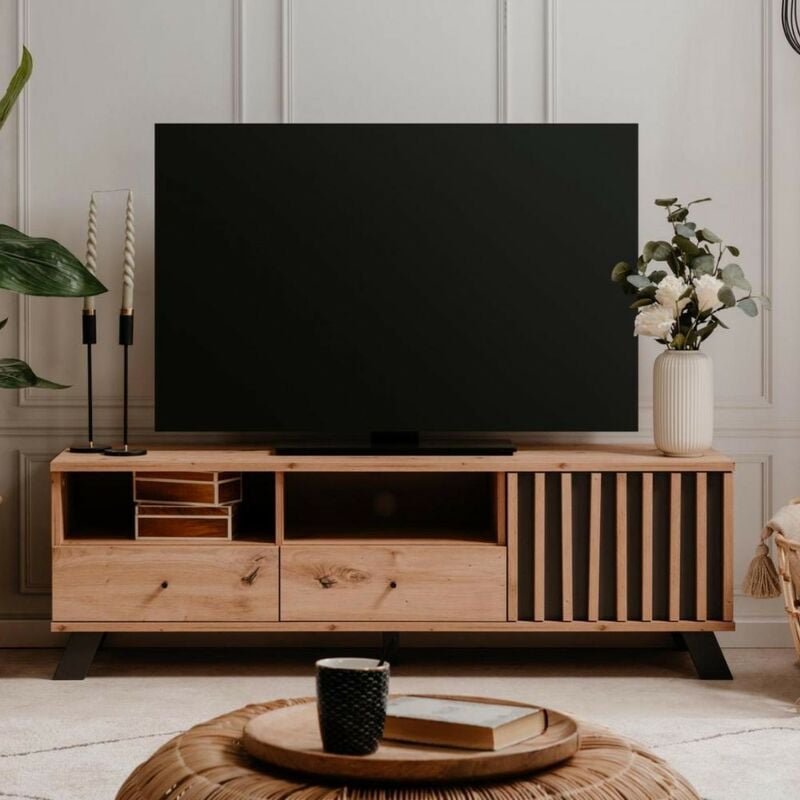 foto del prodotto finori mobile porta tv 2 cassetti e anta con vani a giorno medan56a colore rovere antracite
