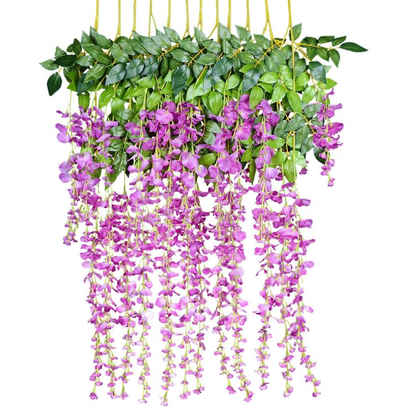 foto del prodotto fiori artificiali, glicine artificiale, decorazione da parete, ogni rametto lungo 110 cm, seta, per matrimoni, casa, giardino, feste, 12 pezzi