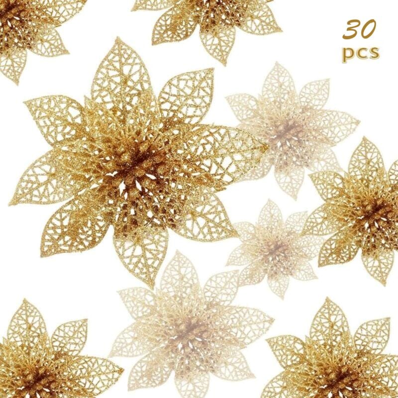 foto del prodotto fiori di natale, 30 pezzi di fiori di natale glitterati, fiori di natale cavi glitterati, decorazione floreale artificiale per albero di natale di