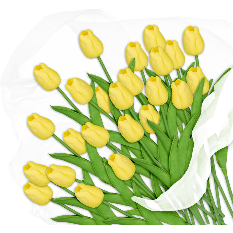 foto del prodotto fiori finti, mazzo di 24 tulipani artificiali, pianta decorativa in plastica, l 33,5 cm, centrotavola, giallo relaxdays