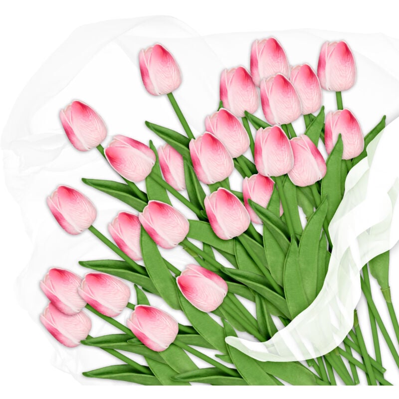 foto del prodotto fiori finti, mazzo di 24 tulipani artificiali, pianta decorativa in plastica, l 33,5 cm, centrotavola, rosa relaxdays
