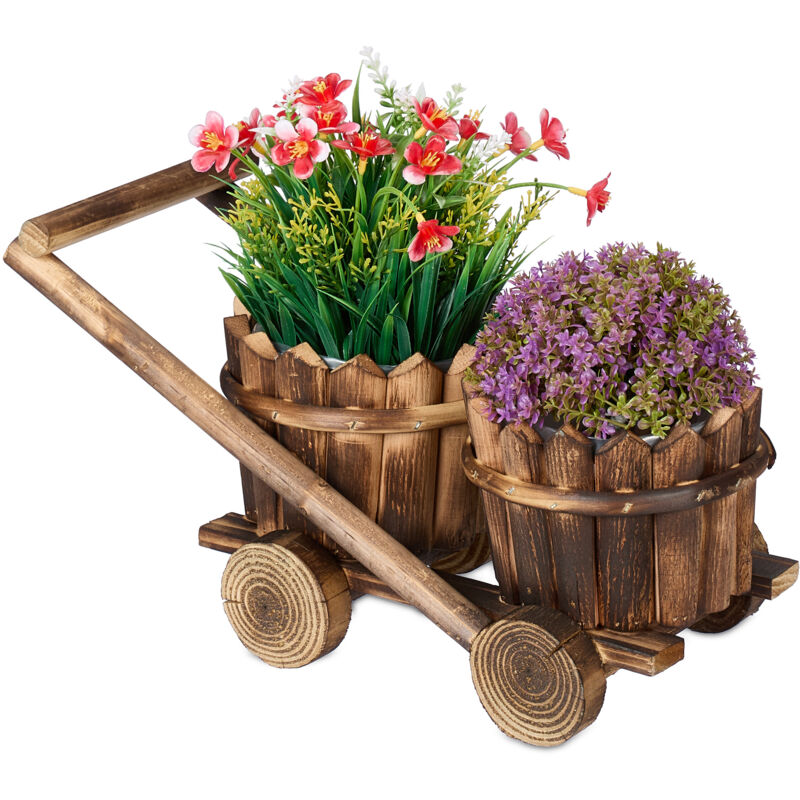 foto del prodotto fioriera a carrello con 2 vasi da fiori, portafiori in legno, per piante e piantine, 19x17,5x37 cm, marrone relaxdays