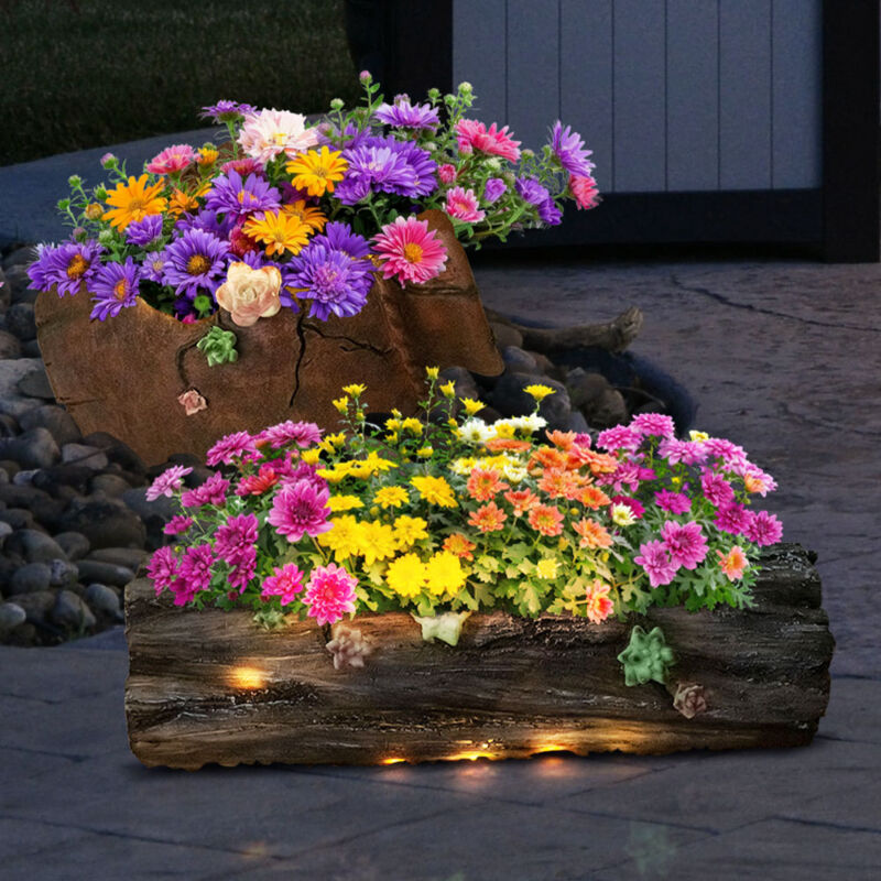 foto del prodotto fioriera a energia solare luce decorativa illuminata per la casa e il giardino, 1x tronco d albero 1x vaso di fiori antico, led bianco caldo, set di 2