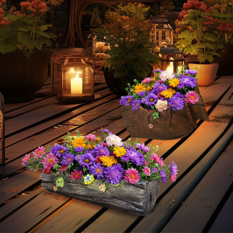 foto del prodotto fioriera a energia solare luce decorativa illuminata per la casa e il giardino, 1x tronco d albero 1x vaso di fiori antico, led bianco caldo, set di 2