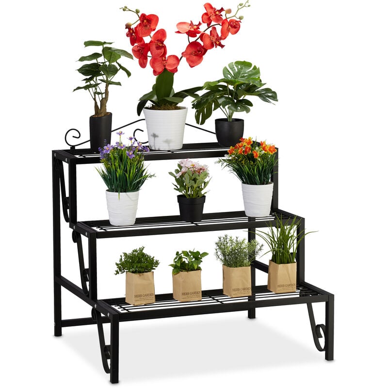 foto del prodotto fioriera a scala, 3 livelli, per esterni e interni, scaletta portafiori con decorazioni, hlp 69x70x60 cm, nera relaxdays