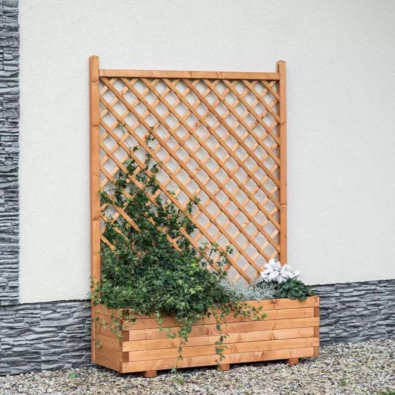 foto del prodotto fioriera con grigliato diagonale in legno massello, 119x39xh168 cm